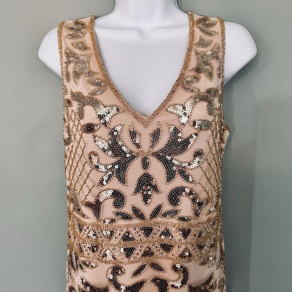 Unique Retro Flapper Dress L Sequin Beaded Showgirl Fringe 20s Gatsby Burlesque - Picture 4 of 12